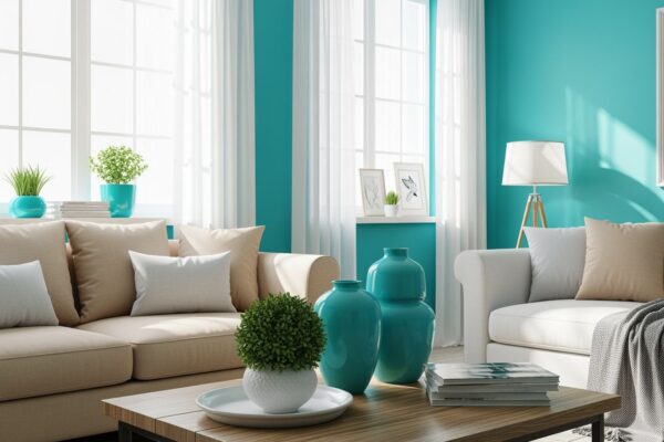 Fotorealistický obývací pokoj s tyrkysovou zdí, béžovým nábytkem a dřevěným stolem s dekoracemi