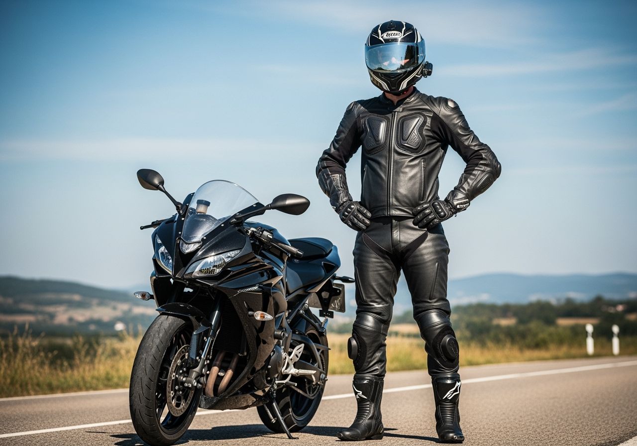 Motocyklista v ochraném oblečení stojí u moderního sportovního motocyklu na otevřené silnici.