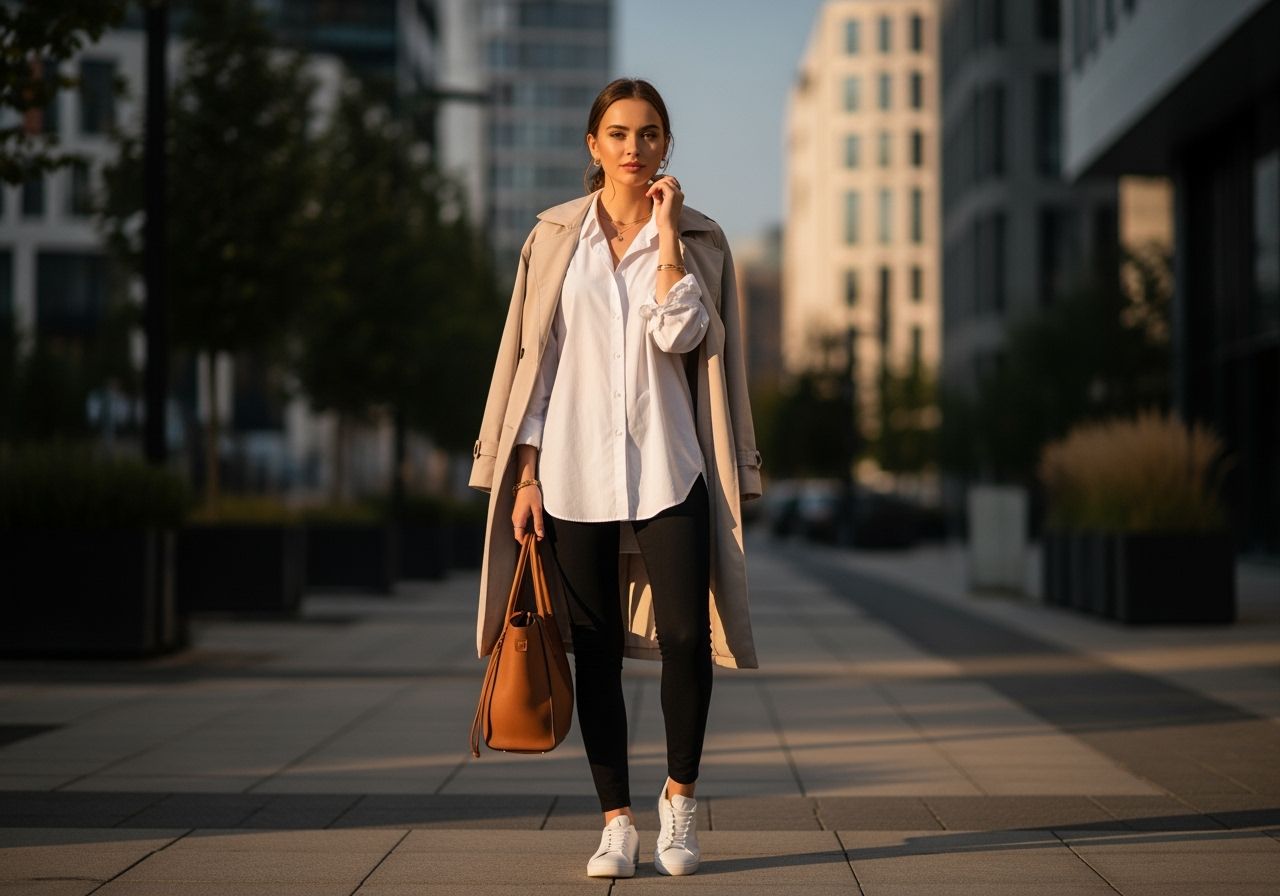 Mladá žena ve městě v černých legínách, bílé košili, béžovém kabátu a bílých teniskách s koženou taškou