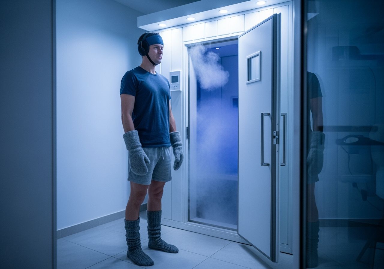 Osoba připravující se na kryoterapii v lehkém termo oblečení před moderní kryosaunou v klinice.