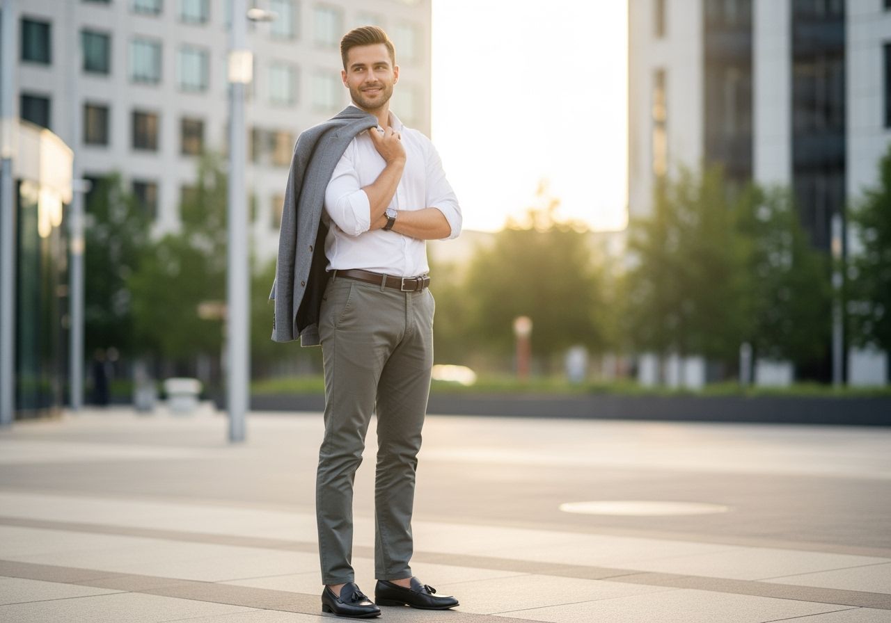 Mladý profesionál v chytrém ležérním oblečení stojí ve městě při zlaté hodině s překříženýma rukama.