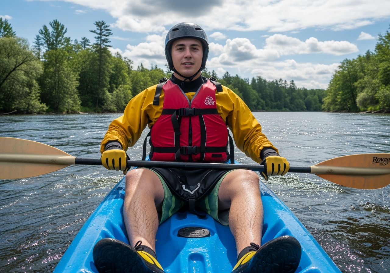 Mladý kajakář v žluté bundě a červené vestě sedí v modrém kajaku na řece s lesem v pozadí