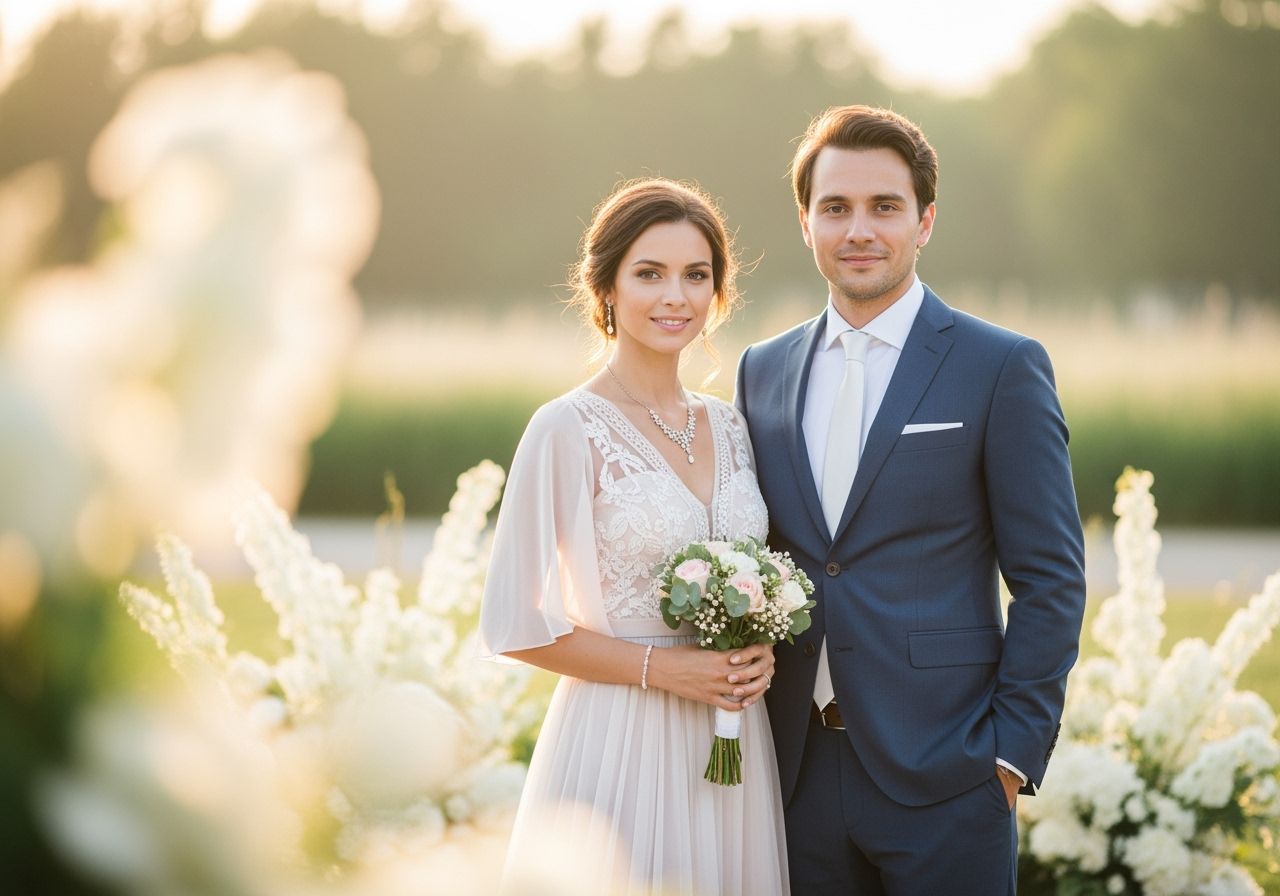 Elegantní pár na svatbě venku při zlaté hodině, žena s kytičkou, muž v tmavě modrém obleku