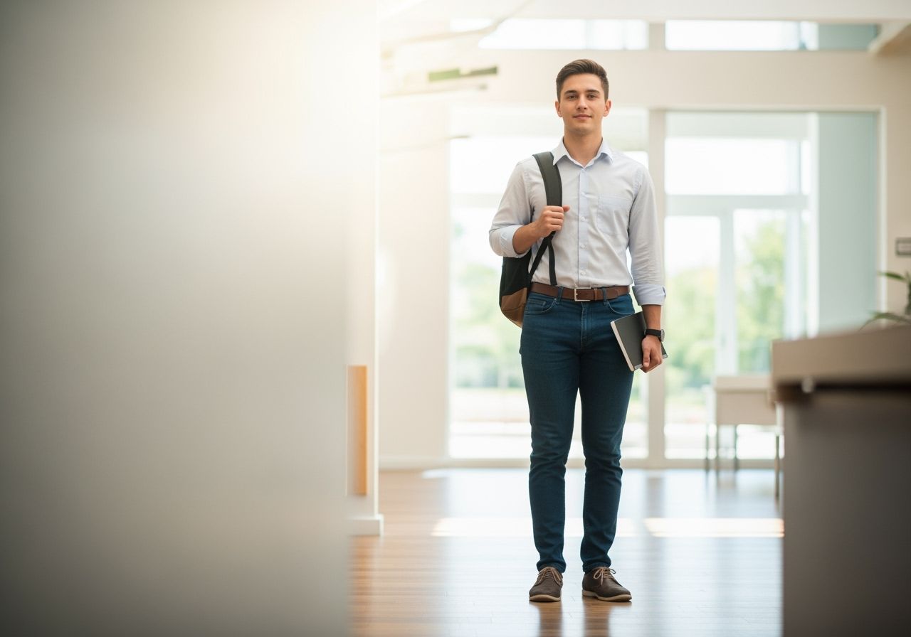 Mladý dospělý v chytrém neformálním oblečení drží batoh v moderním osvětleném studijním prostoru