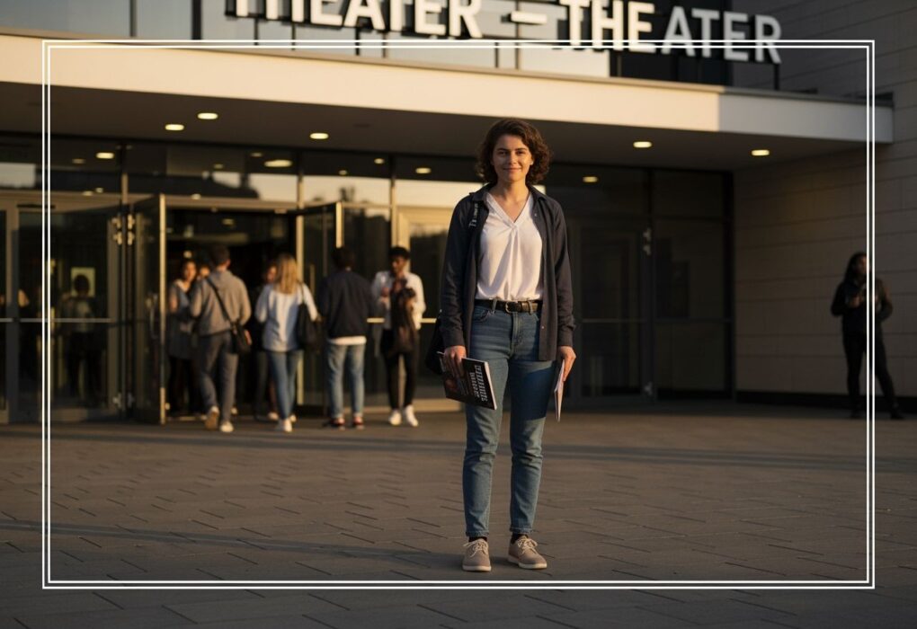 Mladý člověk v moderním divadle drží program, kolem vstupují další mladí lidé.