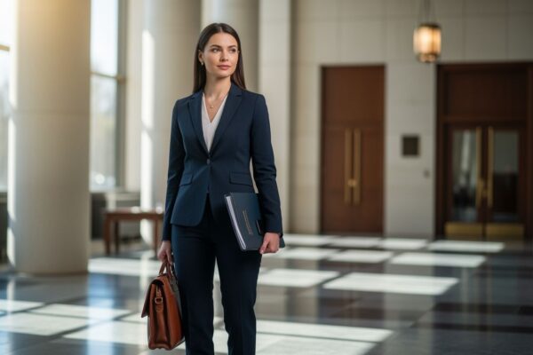 Profesionální žena v tmavém obleku drží dokumenty v moderní soudní chodbě.