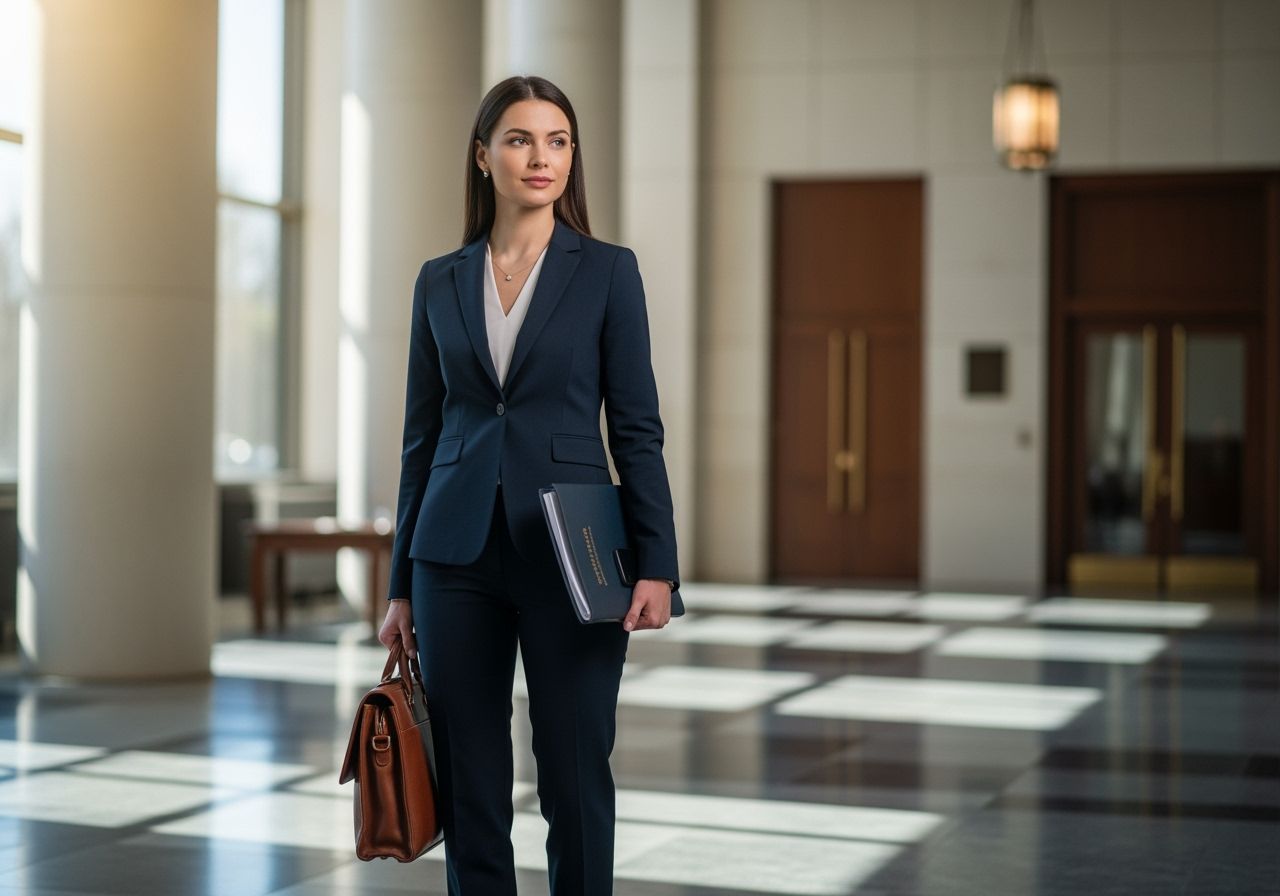 Profesionální žena v tmavém obleku drží dokumenty v moderní soudní chodbě.
