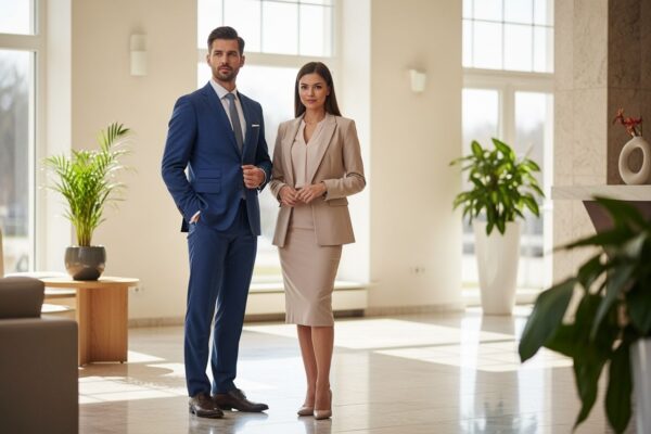 Profesionální muž a žena v kanceláři v obchodním oděvu stojí u okna s rostlinami v pozadí