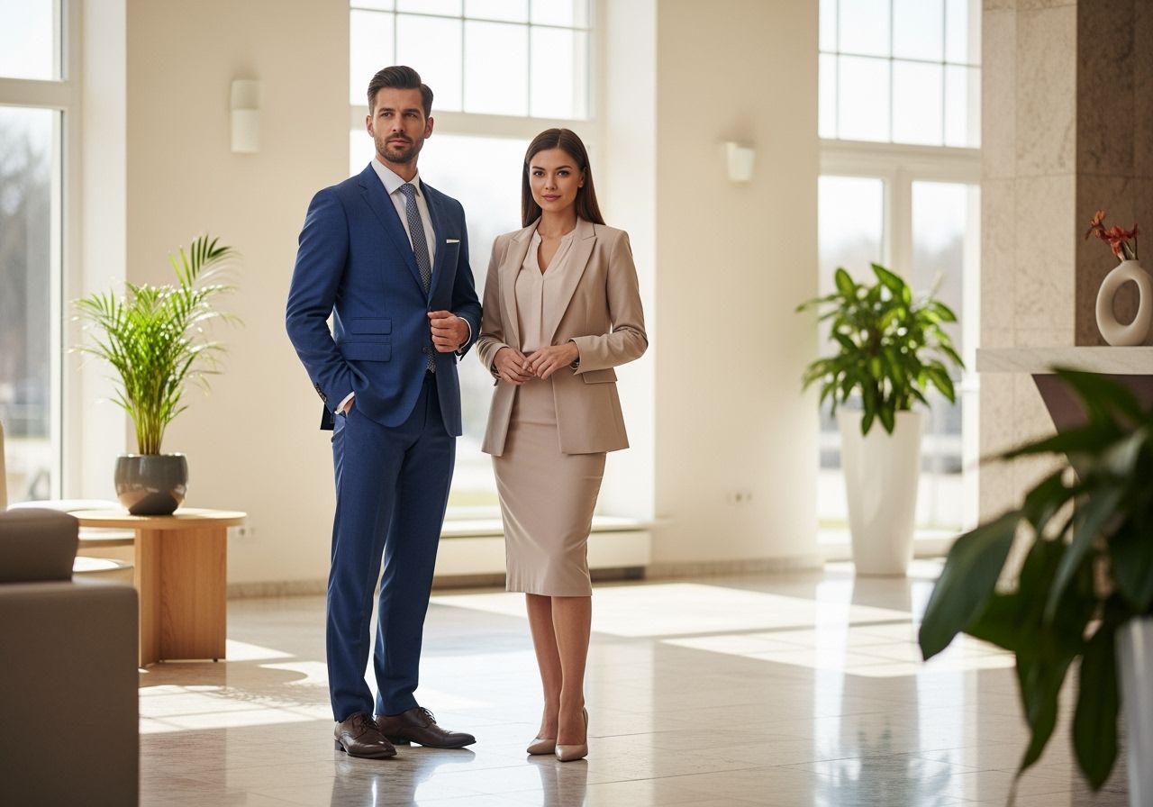 Profesionální muž a žena v kanceláři v obchodním oděvu stojí u okna s rostlinami v pozadí