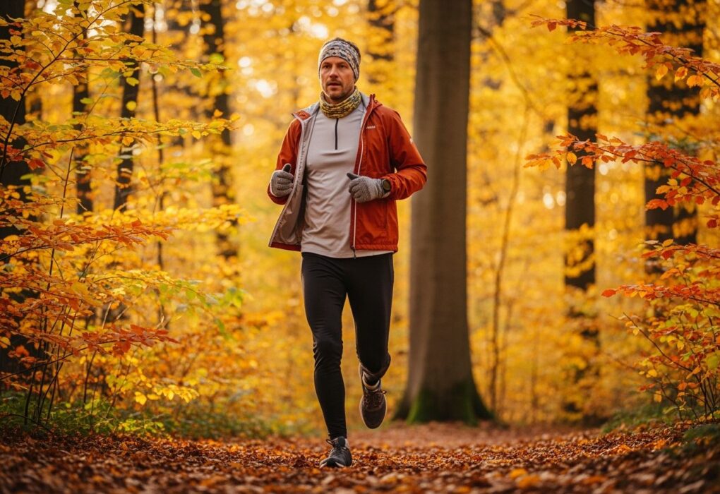 Osoba běží podzimním lesem v vrstveném sportovním oblečení za denního světla.
