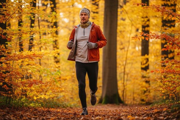 Osoba běží podzimním lesem v vrstveném sportovním oblečení za denního světla.