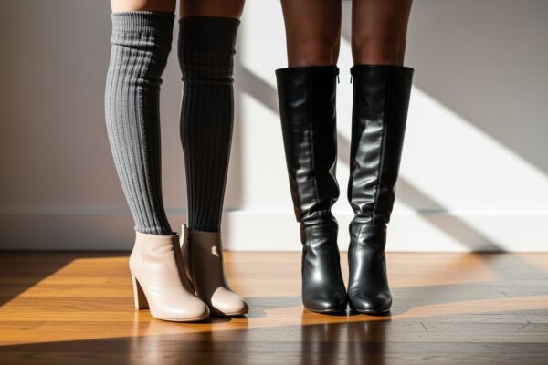 Detailní záběr nohou v nadkolenkách a různé stylové boty na dřevěné podlaze v přirozeném světle