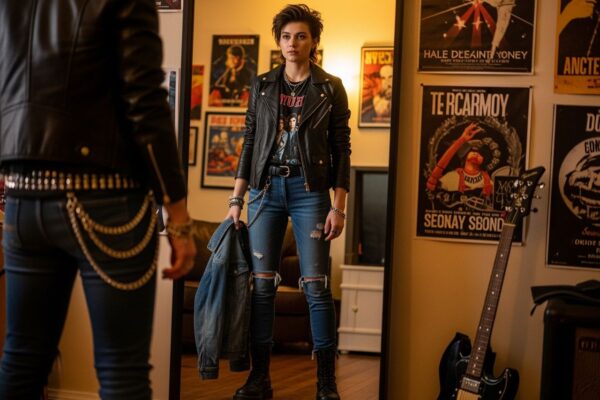 Mladý člověk v kůžence a džínech se připravuje na rockový koncert před zrcadlem v pokoji s plakáty.