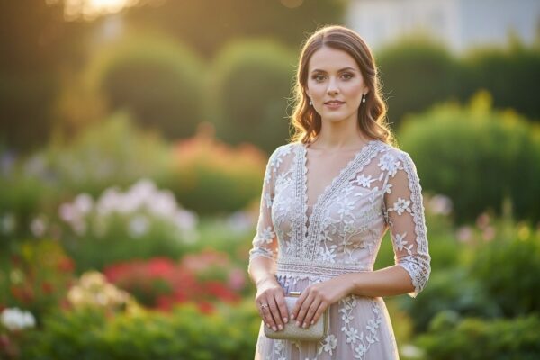 Žena na svatbě v pastelových šatech s krajkou stojící v zahradě za teplého světla.