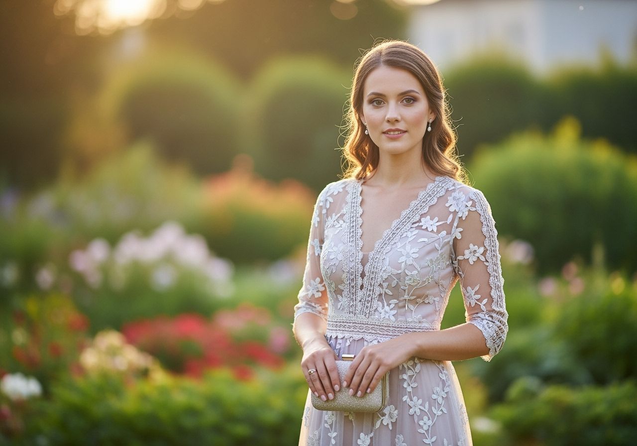 Žena na svatbě v pastelových šatech s krajkou stojící v zahradě za teplého světla.