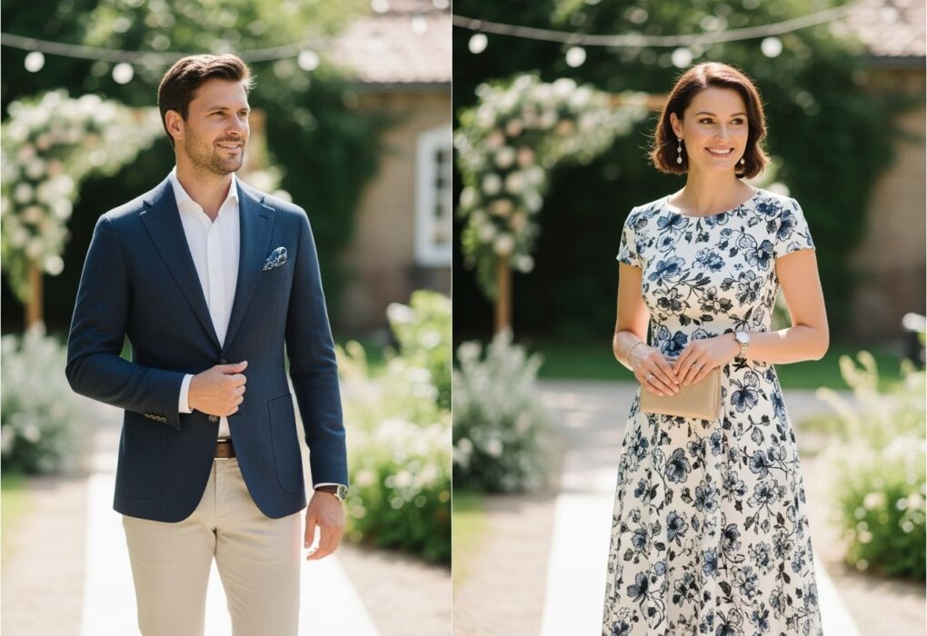 Stylově oblečený host na zahradní oslavě výročí svatby za slunečného dne