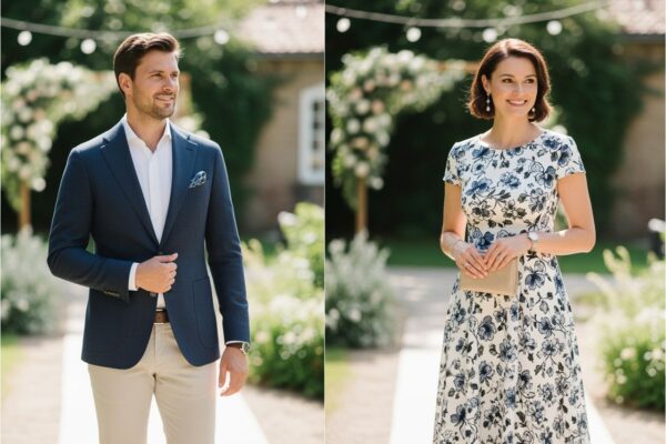 Stylově oblečený host na zahradní oslavě výročí svatby za slunečného dne