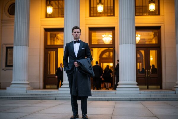 Stylový muž v obleku stojí před neoklasicistním koncertním sálem za večera.
