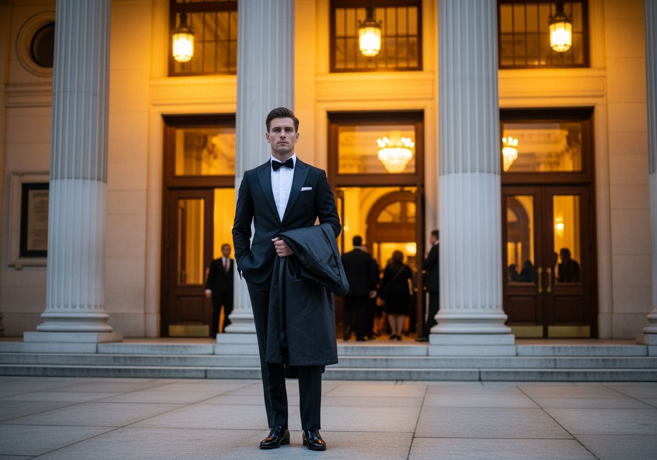 Stylový muž v obleku stojí před neoklasicistním koncertním sálem za večera.