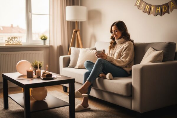 Žena sedí na pohovce s čajem v moderním obýváku se svíčkami a balónky k narozeninám.