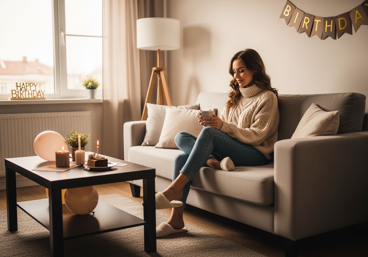 Žena sedí na pohovce s čajem v moderním obýváku se svíčkami a balónky k narozeninám.