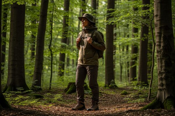 Osoba v lesu v praktickém oblečení s batohem, obklopená stromy a listím za denního světla.