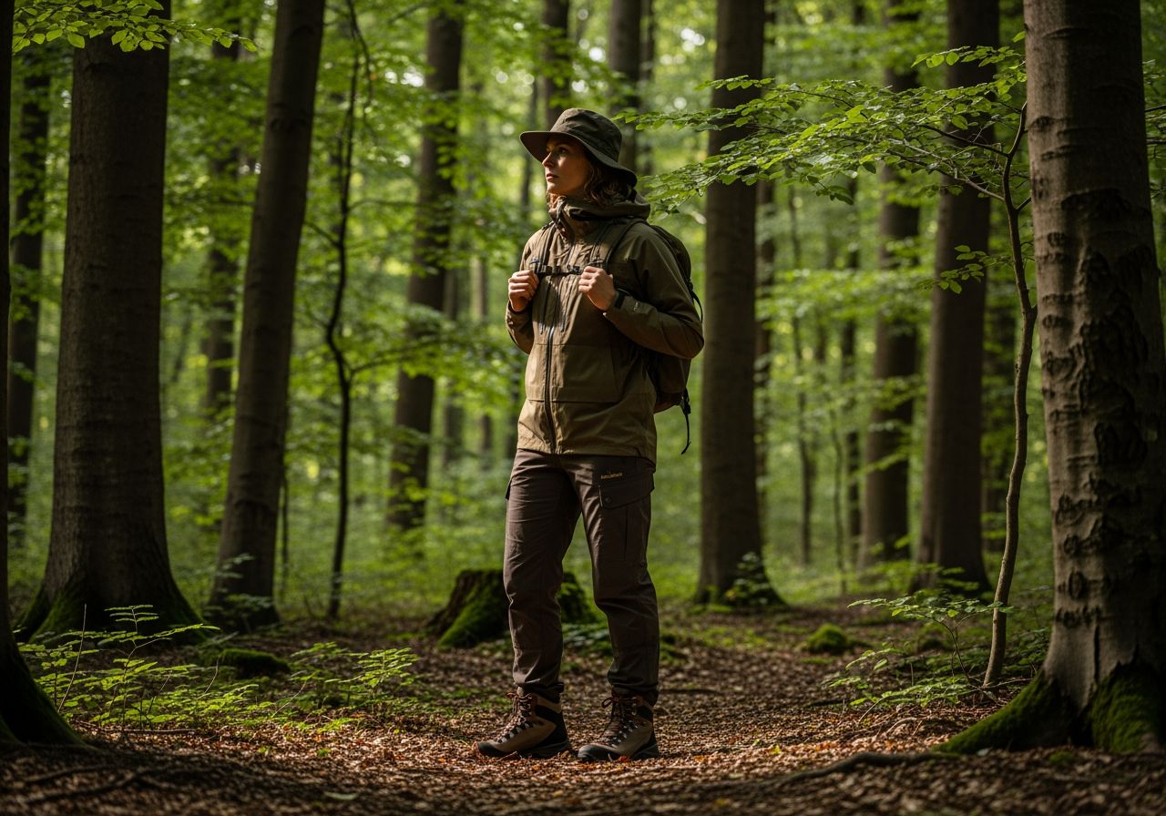 Osoba v lesu v praktickém oblečení s batohem, obklopená stromy a listím za denního světla.