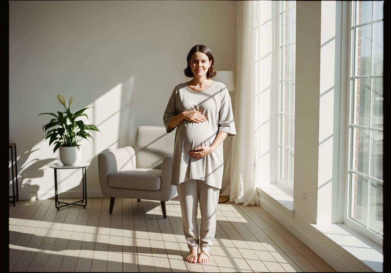 Těhotná žena objímá břicho v moderním pokoji s přírodním světlem a jednoduchým nábytkem.