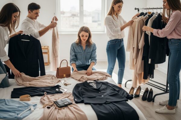 Skupina mladých přátel vybírá oblečení na rozlučku se svobodou v moderní světlé ložnici.