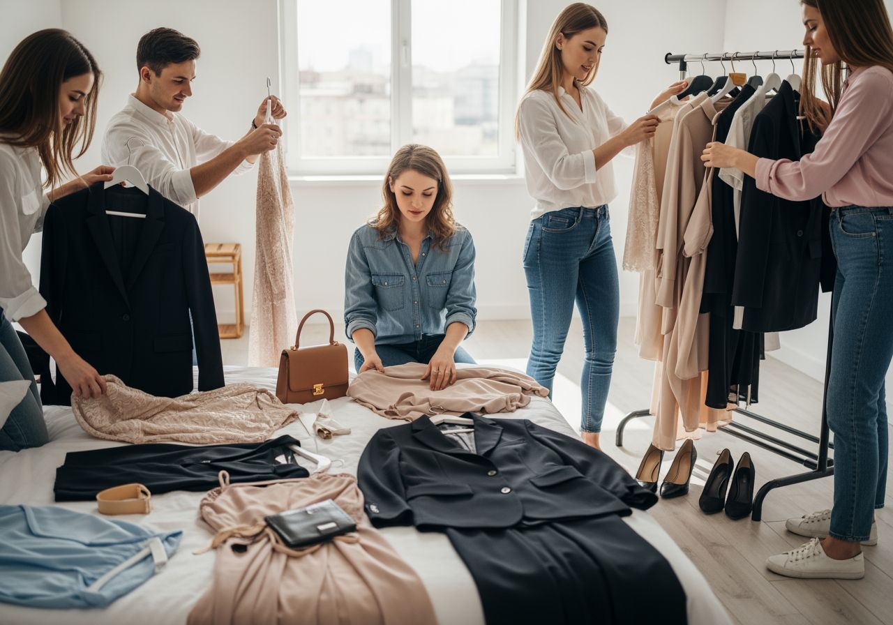 Skupina mladých přátel vybírá oblečení na rozlučku se svobodou v moderní světlé ložnici.