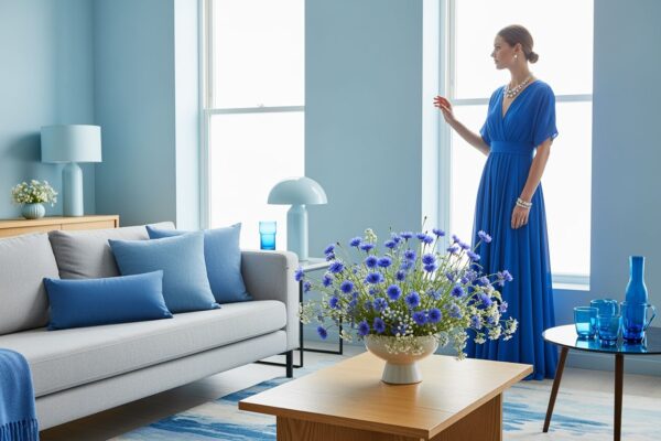 Žena v modrých šatech u okna v modře laděném interiéru s květinami a minimalistickým nábytkem.