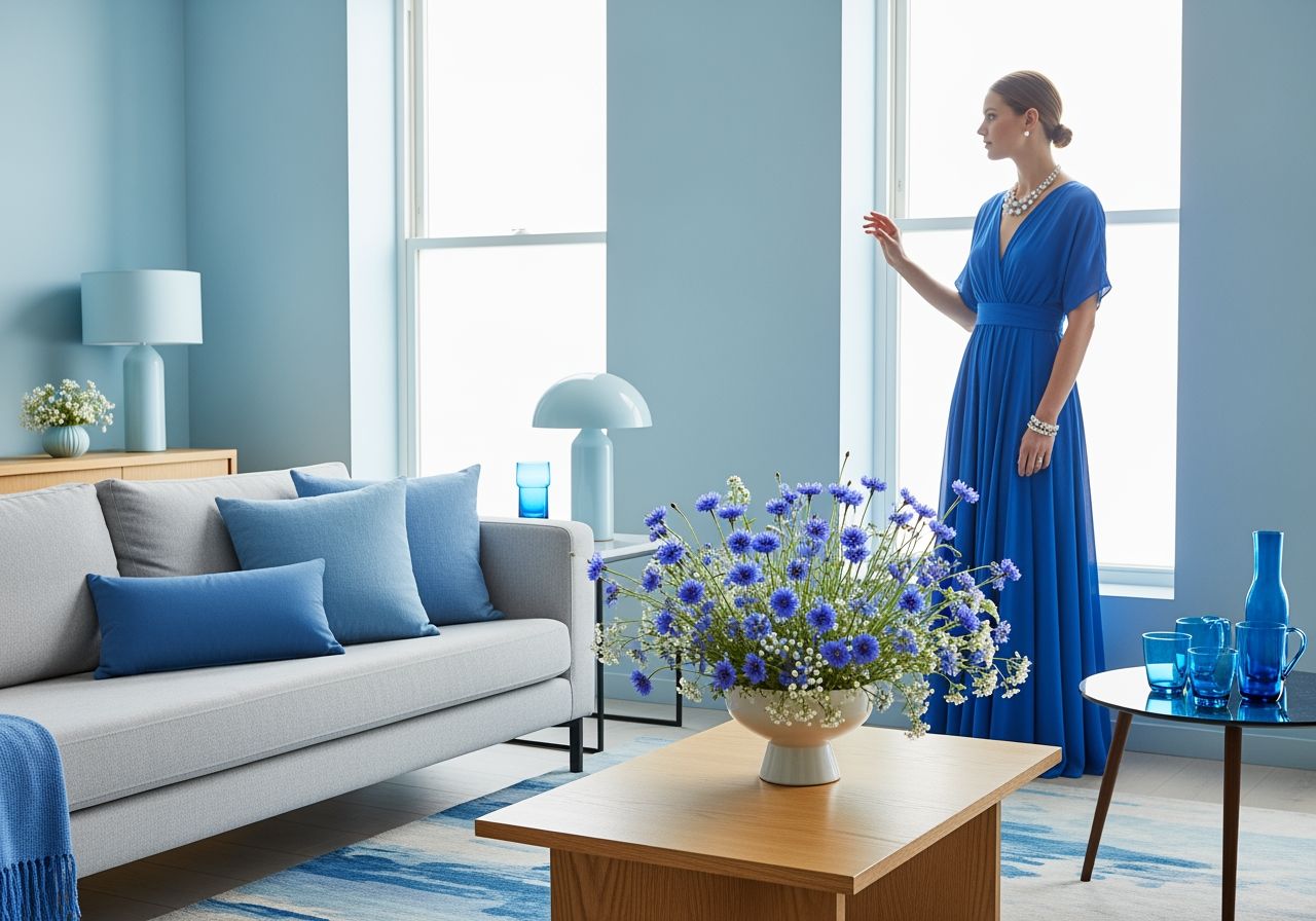 Žena v modrých šatech u okna v modře laděném interiéru s květinami a minimalistickým nábytkem.