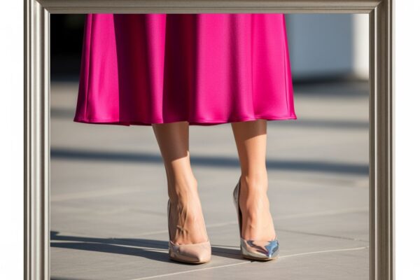 Žena v růžových šatech a elegantní černé lodičky, detail nohou, profesionální módní fotografie