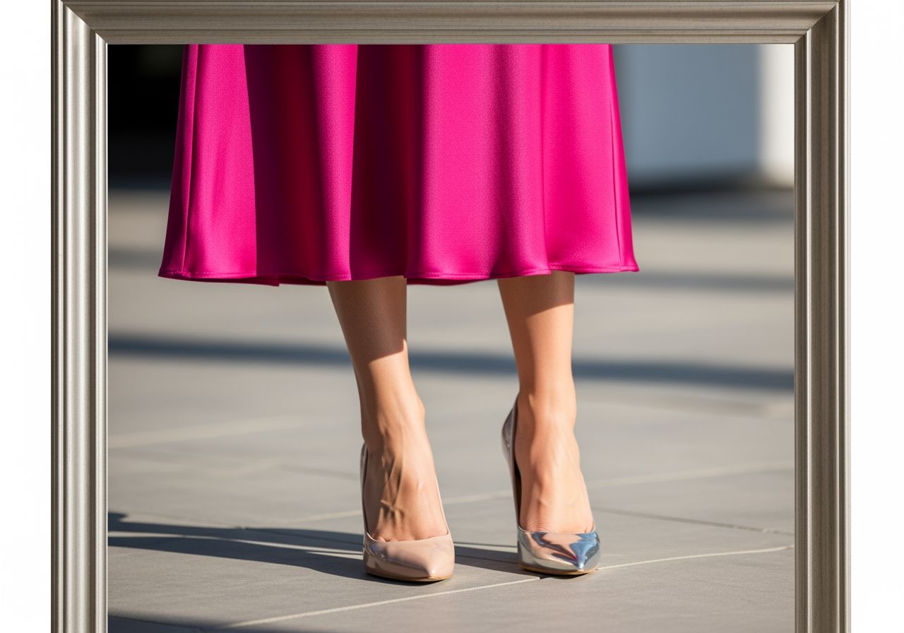 Žena v růžových šatech a elegantní černé lodičky, detail nohou, profesionální módní fotografie