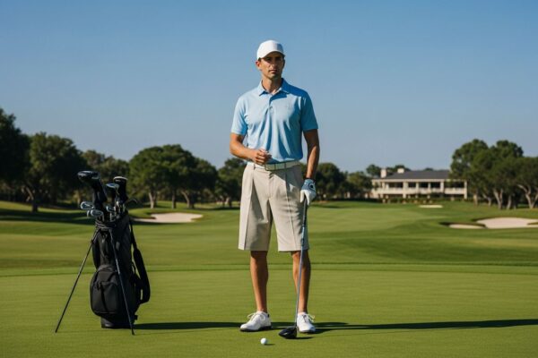 Muž hraje golf na zeleném hřišti, drží golfovou hůl, vedle něj stojí golfová taška.
