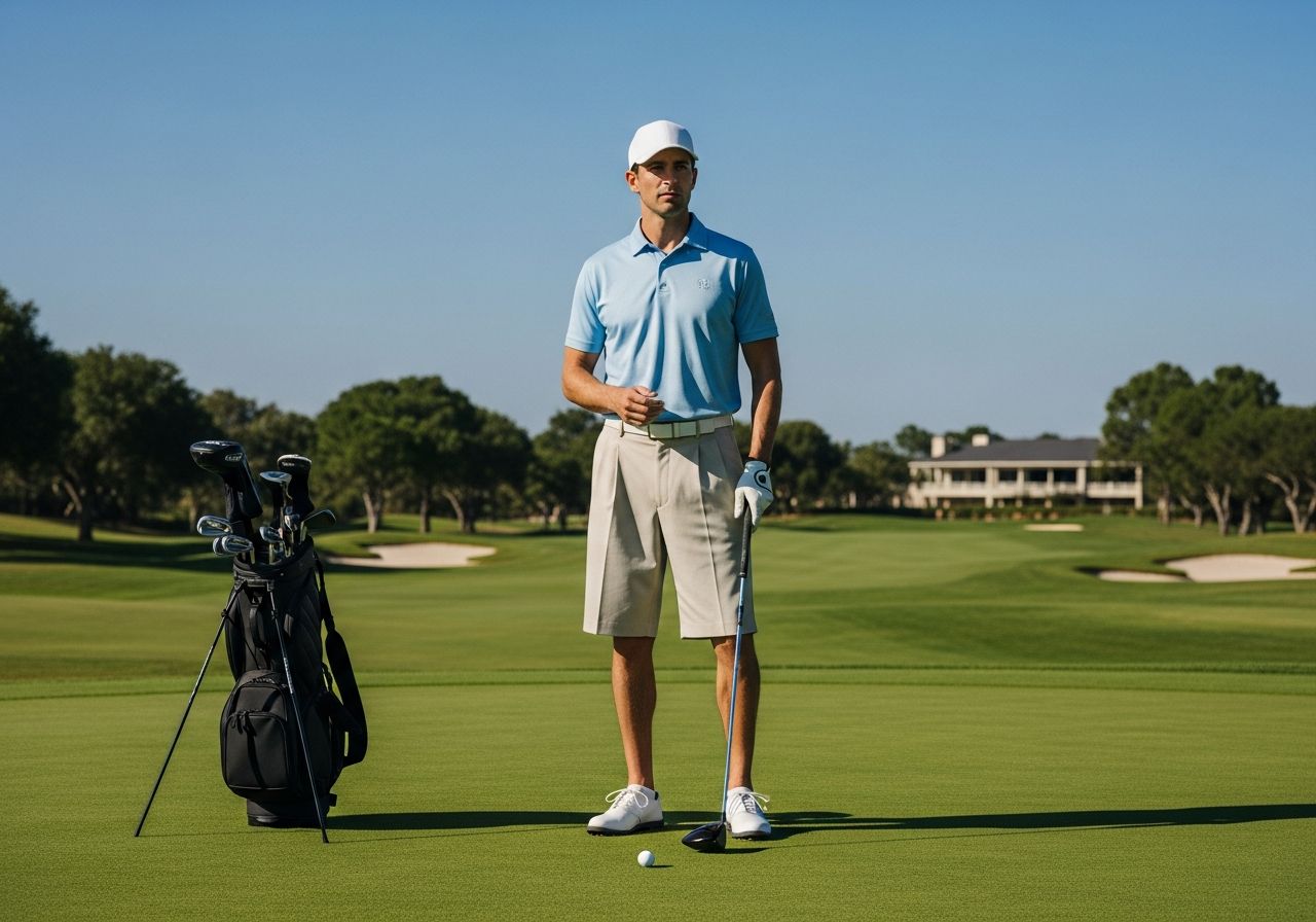 Muž hraje golf na zeleném hřišti, drží golfovou hůl, vedle něj stojí golfová taška.