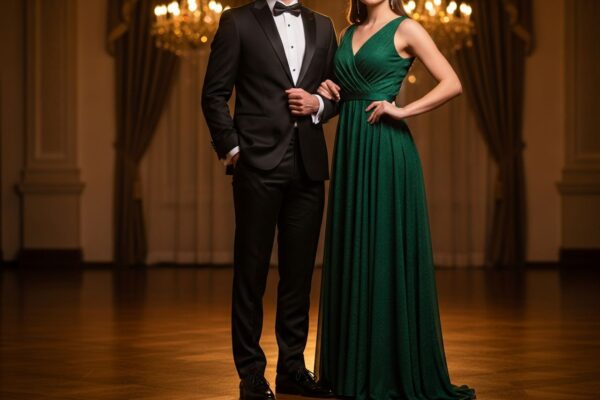Muž v černém obleku a žena v smaragdových šatech na gala večeru ve zlatém světle