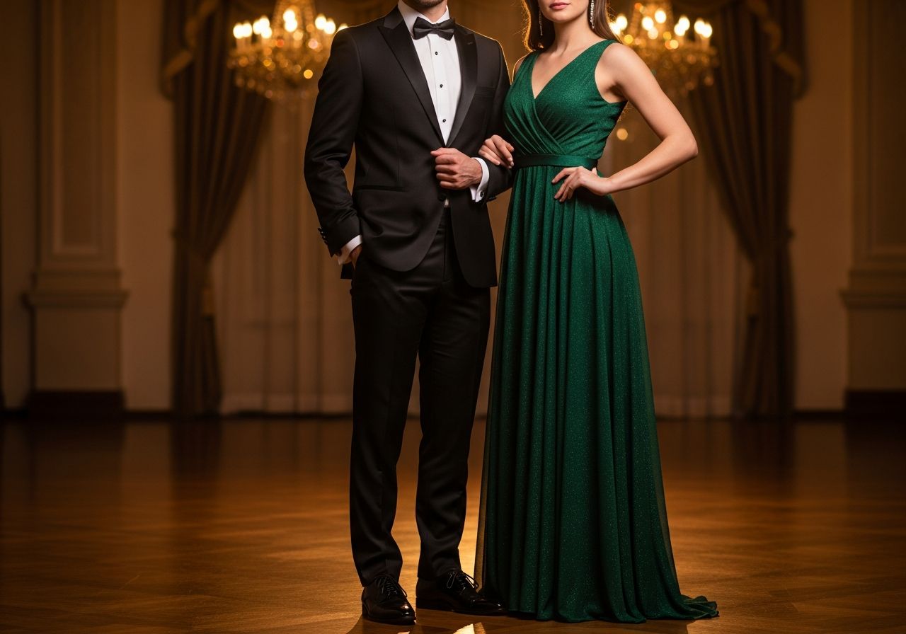 Muž v černém obleku a žena v smaragdových šatech na gala večeru ve zlatém světle