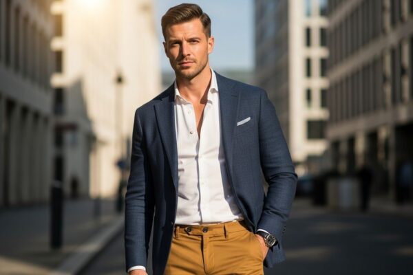 Muž v hořčicových kalhotách, bílém tričku a tmavě modrém saku stojí na městské ulici.