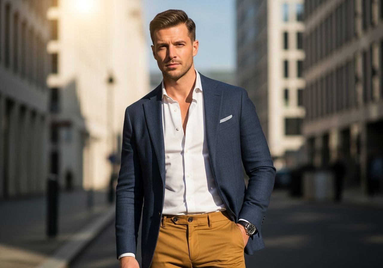 Muž v hořčicových kalhotách, bílém tričku a tmavě modrém saku stojí na městské ulici.