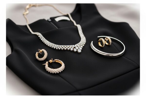 Černé elegantní šaty s diamantovým náhrdelníkem, zlatými náušnicemi a stříbrným náramkem na neutrálním pozadí