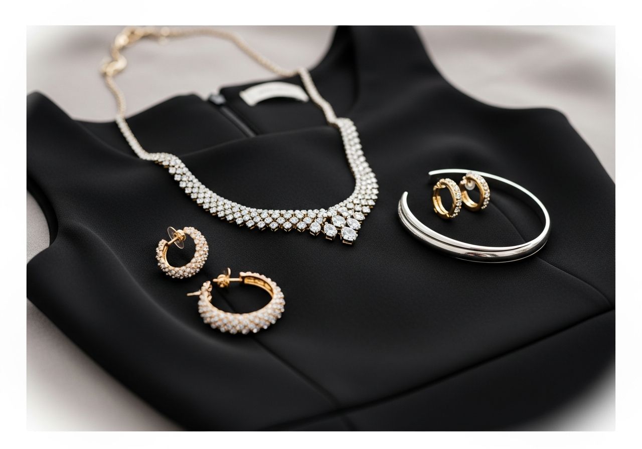 Černé elegantní šaty s diamantovým náhrdelníkem, zlatými náušnicemi a stříbrným náramkem na neutrálním pozadí