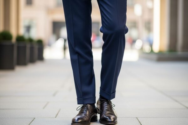 Muž v elegantních kalhotách stojí venku, kalhoty přesně na boty, klidné městské pozadí