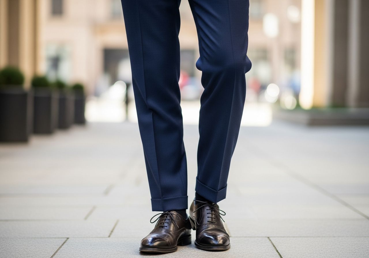 Muž v elegantních kalhotách stojí venku, kalhoty přesně na boty, klidné městské pozadí