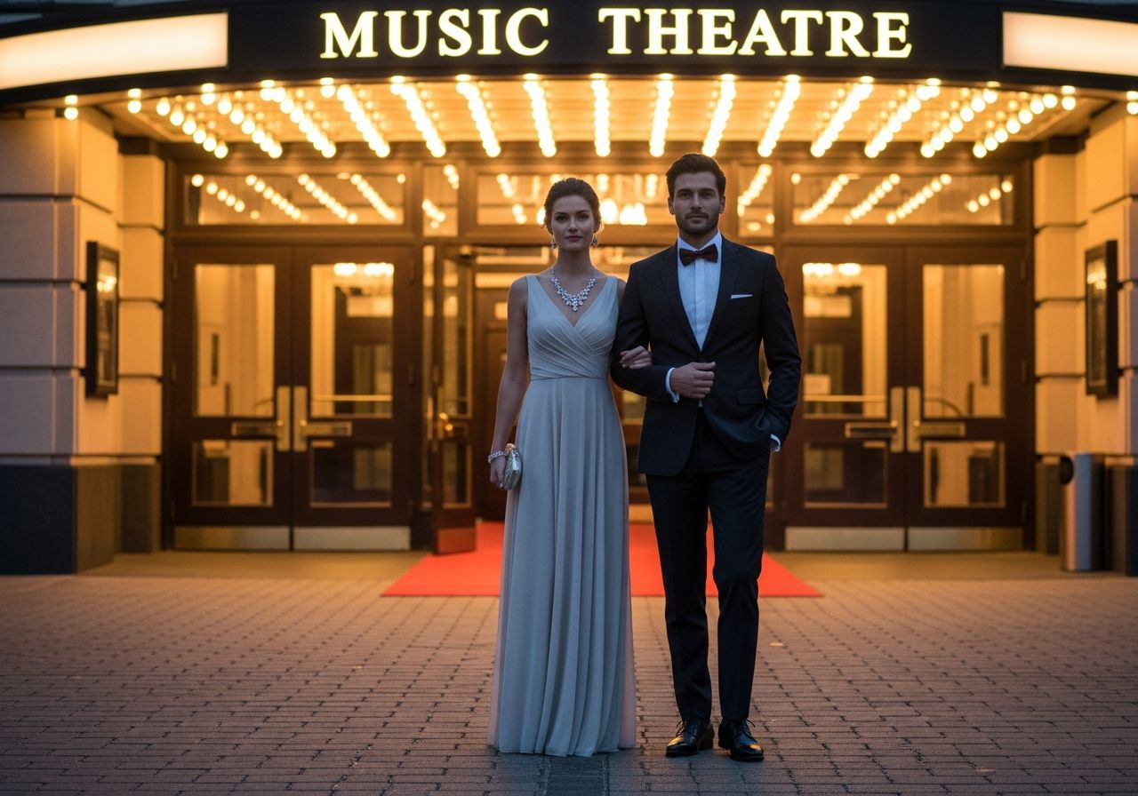 Stylově oblečený pár přichází večer k vchodu hudebního divadla s červeným kobercem.