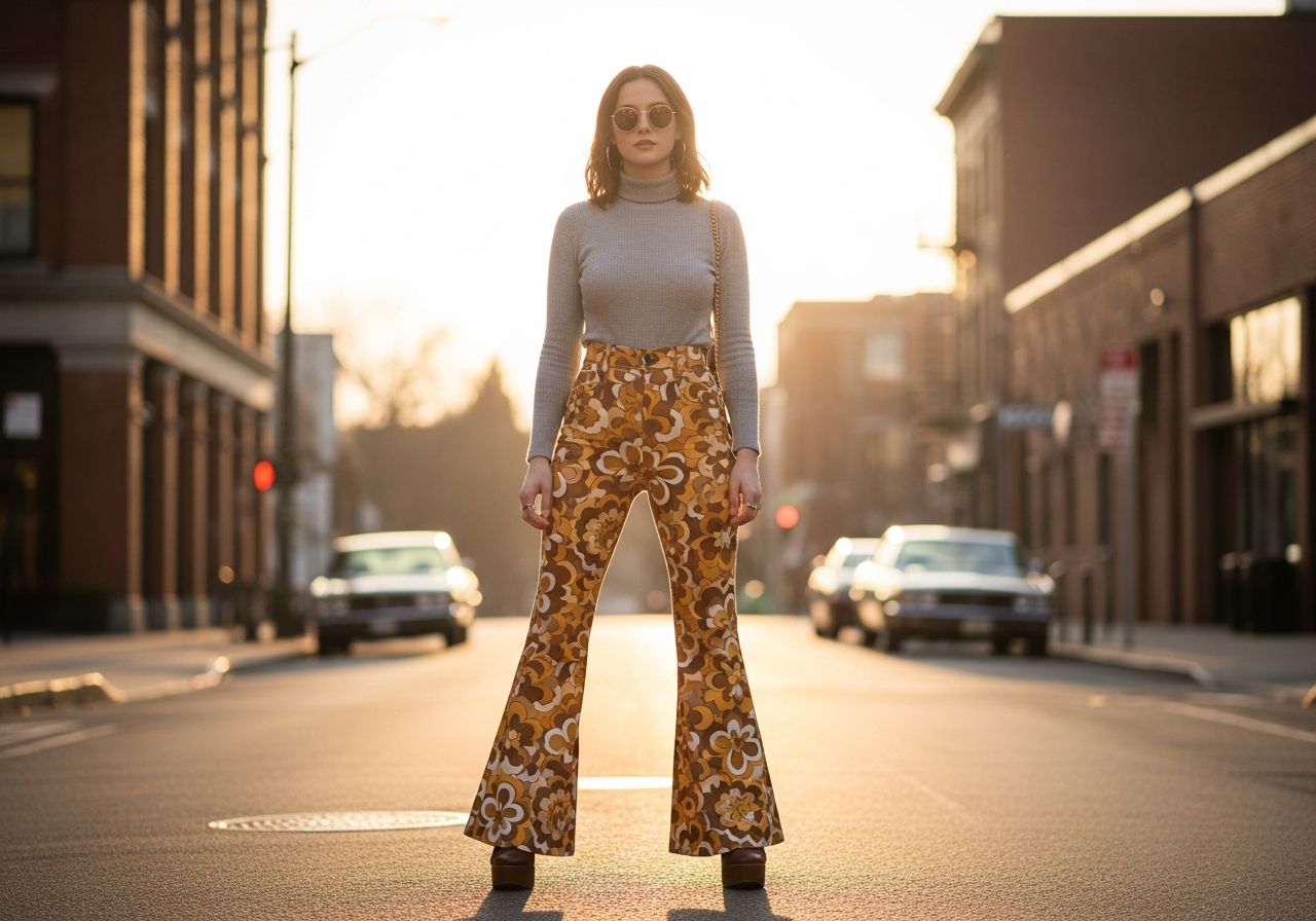 Mladá žena ve 70. letech s květinovými zvonovými kalhotami a rolákem na městské ulici za zlaté hodiny