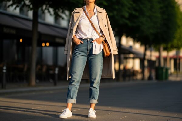 Stylová žena v boyfriend džínech, bílé košili a béžovém trenčkotu na městské ulici za zlaté hodiny