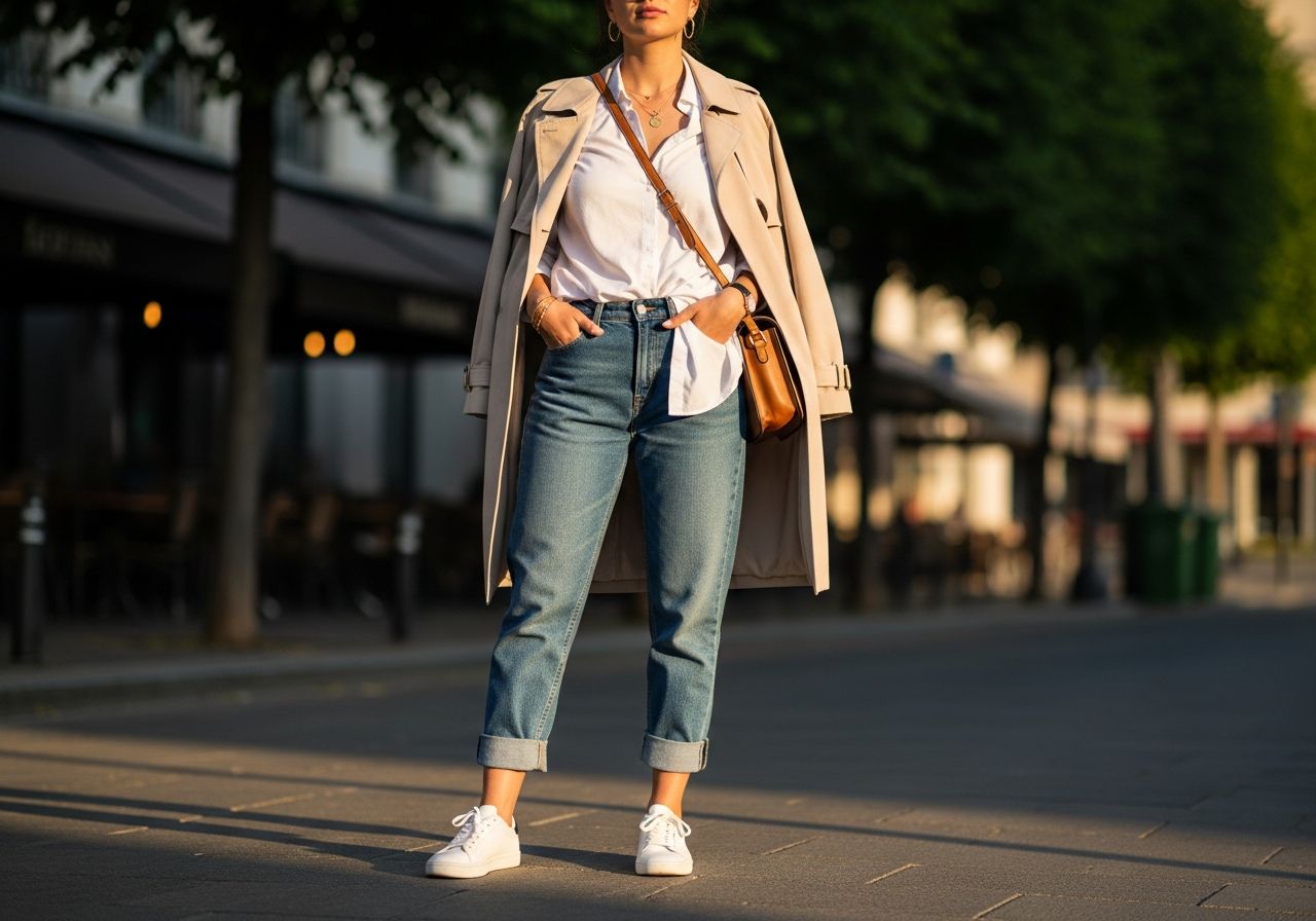 Stylová žena v boyfriend džínech, bílé košili a béžovém trenčkotu na městské ulici za zlaté hodiny