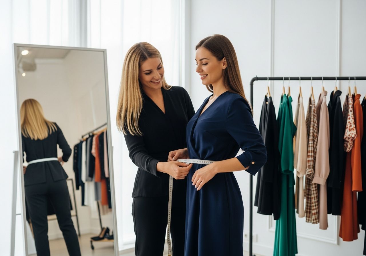 Módní stylistka měří oblek ženy v moderním butiku během osobní konzultace oblečení.