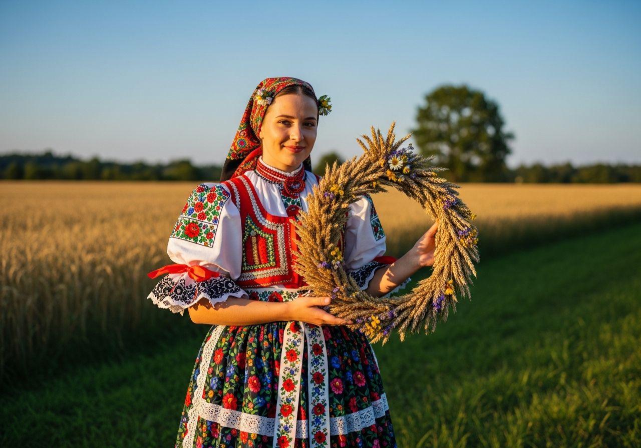 Mladá žena v tradičním českém dožínkovém kroji drží věnec z obilí a květin na poli.
